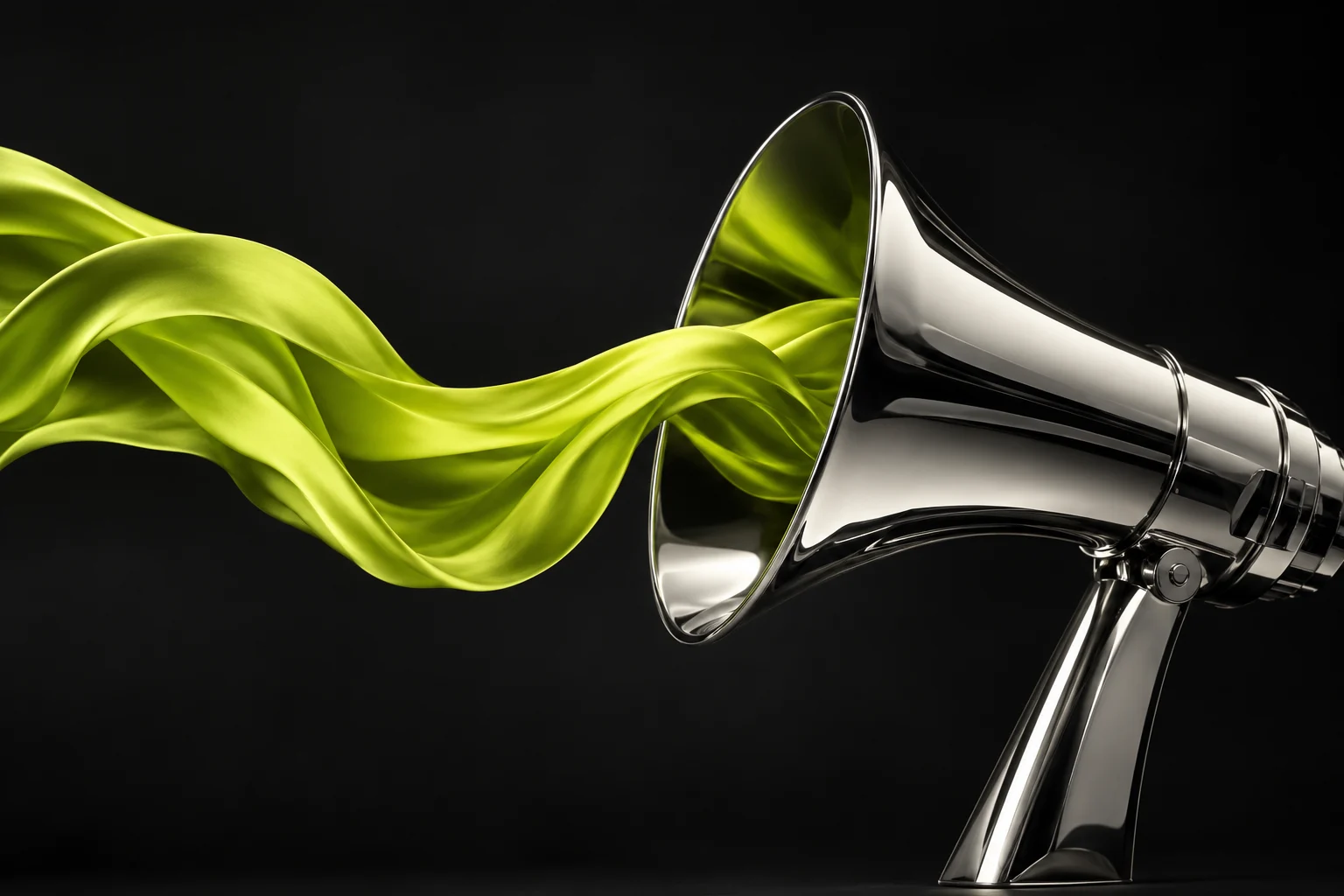Mégaphone sculptural en chrome avec un ruban vert vif